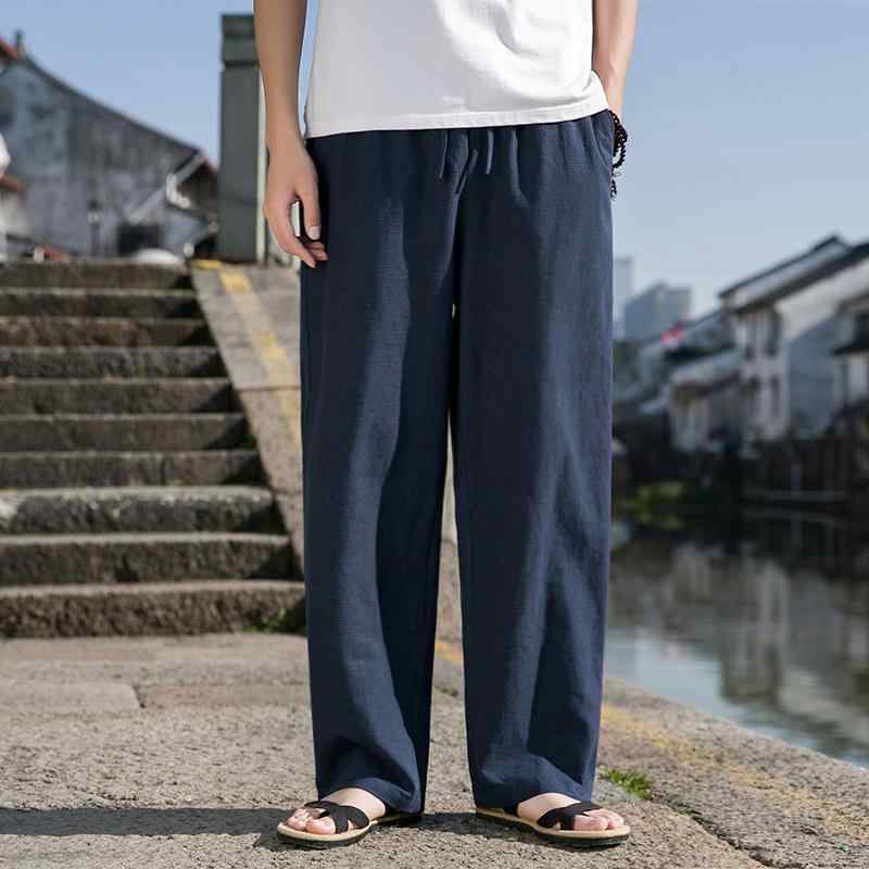 メンズ リネン パンツ カジュアル 夏 大きいサイズ ストレート 綿 ロング丈 ズボン レトロ チャイニーズ スタイル 中国 冷感 シンプル 無地