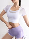 ヨガ 半袖 ブラウス 胸パッド付き 速乾 通気性 フィットネス Tシャツ ショート フェイク ツーピース スポーツブラ 吸湿発散性 速乾 通気性 弾性 タイト ...