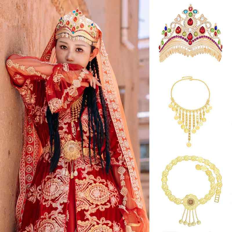 ベリーダンス ウエスト チェーン ウイグル エスニック ベルト ウイグル エキゾチック クラウン レトロ タッセル ネックレス レトロ 衣装 漢服 写真