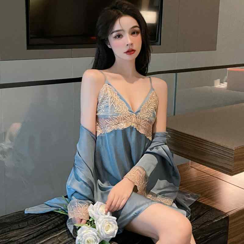 ネグリジェ 女性用 パジャマ 春秋 魅惑的 魅力的 胸 パッド サスペンダー 付き 長袖 冷感 夏 ツーピー..