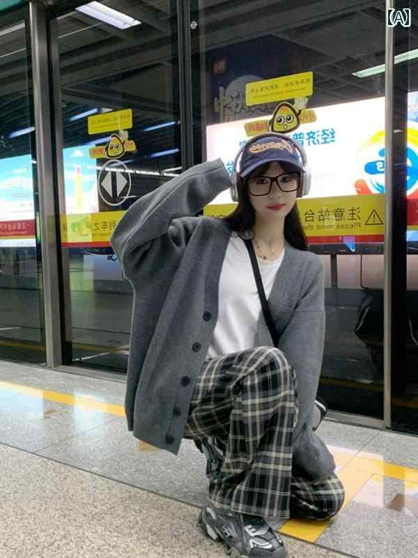 秋冬 レディース グレー長袖 Vネック セーター ジャケット アウターウェア用 ミドル丈 ニット カーディガン トップス シングルブレスト ウール