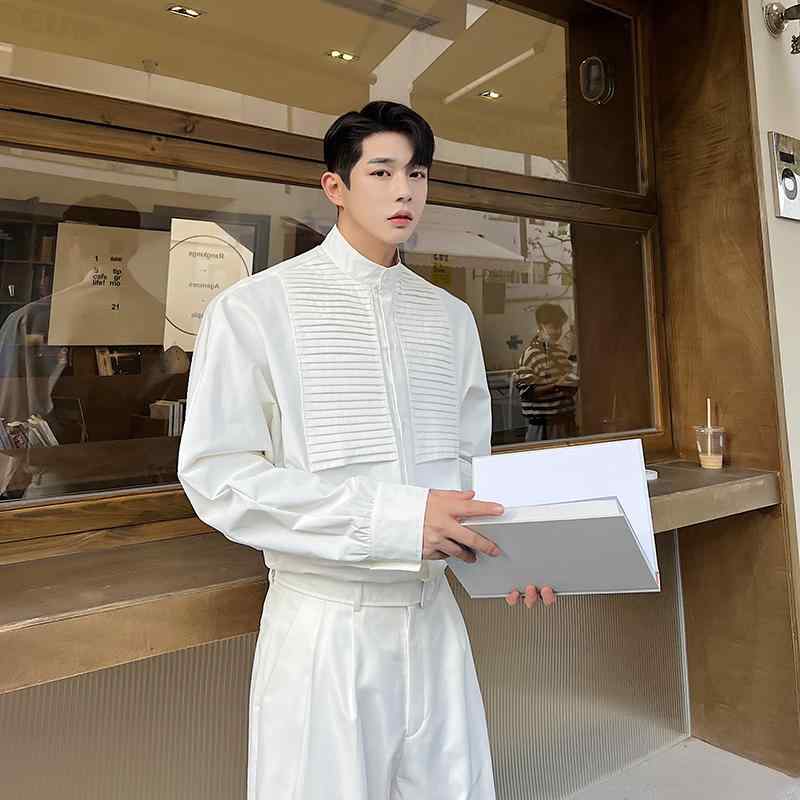 シャツ メンズ 春夏 ハイエンド フレンチ レトロ シャツ プリーツ ステッチ スタンドカラーシャツ スクエアネック オールシーズン ゆったり