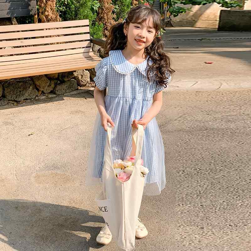 楽天way-ugo女の子 ドレス 夏 韓国 カジュアル 子供 キッズ ファッション メッシュ チェック 柄 人形 襟 プリンセス スカート 綿 半袖 ブルー キユート おしゃれ かわいい