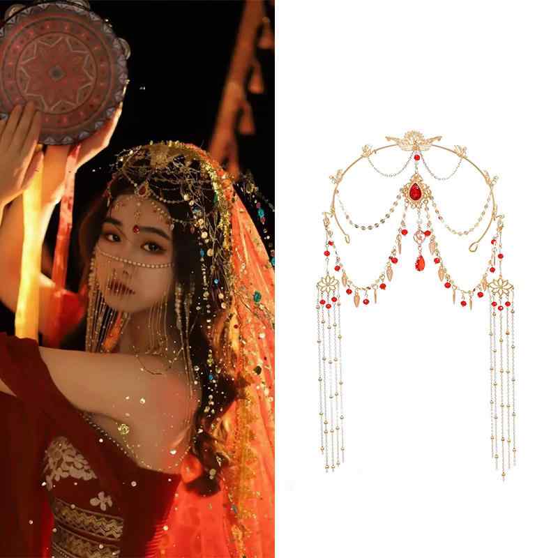 ヘッドドレス レディース アクセサリー 雑貨 エキゾチック ロング タッセル ヘアアクセサリー 額チェーン ヘッド バンド 多層 黄金 プリンセス 花嫁 頭飾り