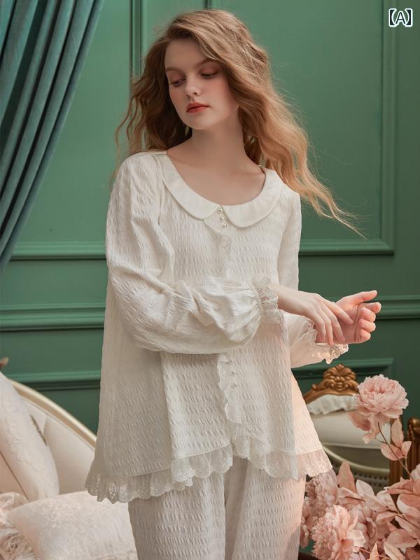 楽天way-ugoパジャマ レディース 長袖 レースフリルシフォン ロングパンツ 上下セット 上品 シンプルフレンチ ゆるかわ トップス プルオーバー ブラウス ルーム ナイト ホームウェア 屋内屋外 お家 デート お泊り リラックス 入院 女子会 美映え