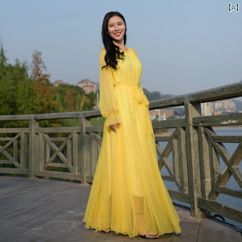 サマー ファッション おしゃれ ビーチ スカート ドレス 大きいサイズ 足首丈 シフォン ロングスカート ビッグ スイング 写真 スカート 海辺 休暇 フェアリー スカート