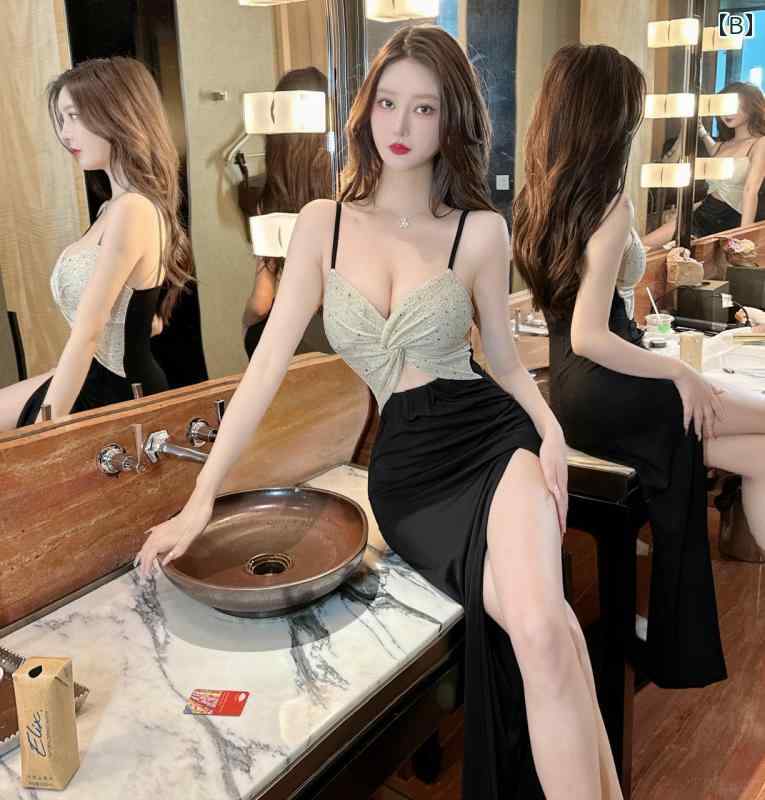 キャバドレス vネック ノースリーブ ヒップスカート オールシーズン ロング丈 ℍ型 ホットガール ハイスリット イブニングドレス