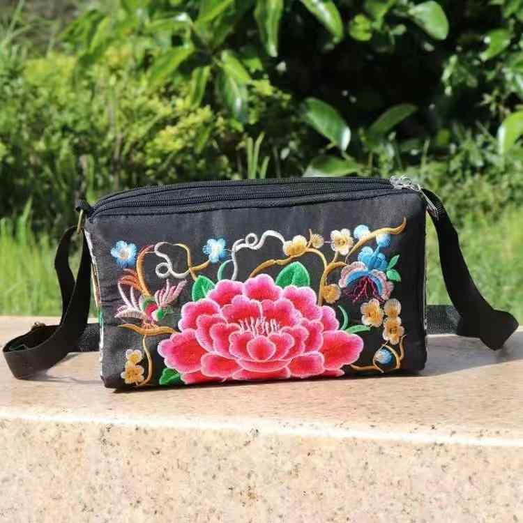 バッグ エスニック おしゃれ 雲南 刺繍 バッグ キャンバス カジュアル シンプル レディース 多層 シングル ショルダー クロスボディバッグ正方形