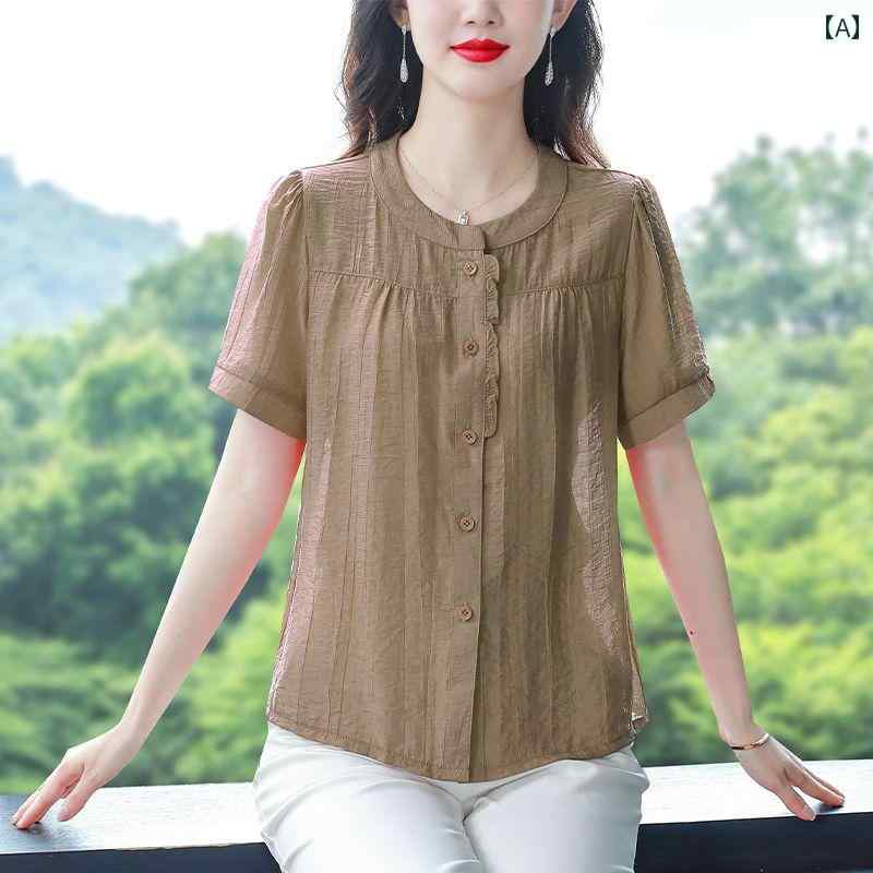 レディース 夏 ブラウス 半袖 カジュアル 婦人服 女性用 トップス シャツ ブラウス シンプル ゆったりサイズ ラウンドネック