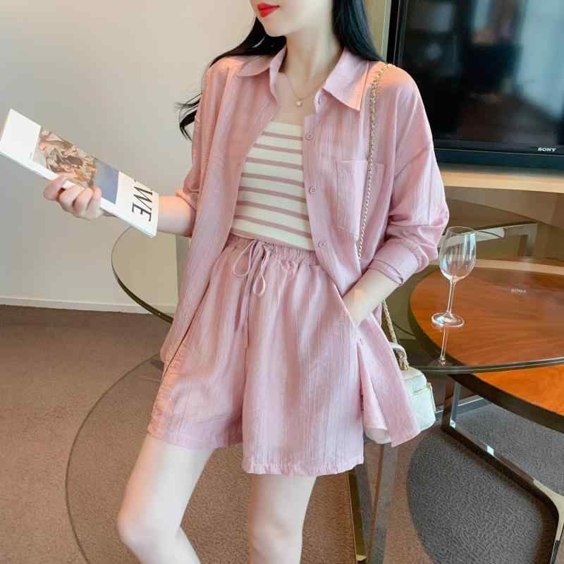 カジュアル スーツ レディース ファッション 夏 スタイル 日焼け防止 シャツ ベスト ショーツ 3点セット ピンク アプリコット スリーピース おしゃれ かわいい