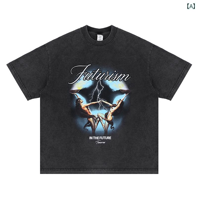 Tシャツ メンズ カジュアル おしゃれ ウォッシュド 加工 プリント 半袖 シャツ オーバーサイズ ゆったり 男性用 綿 夏 半袖 古着風 かっこいい