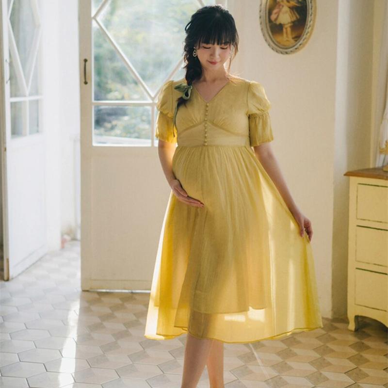 マタニティ フォト 衣装 おしゃれ 記念 ワンピース ドレス 妊婦 写真 撮影 スタジオ 妊娠中 ママ 韓国 さわやか 黄色 フリーサイズ イエロー(4)