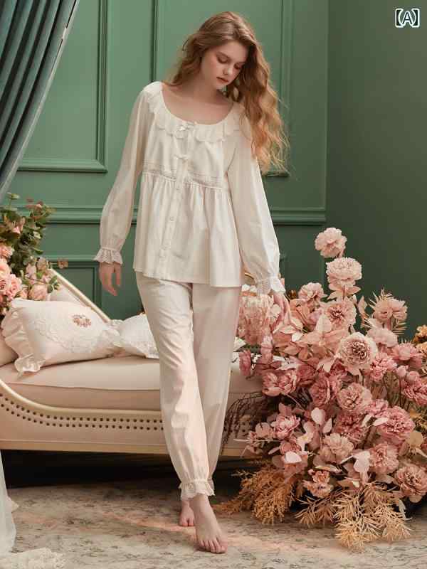 楽天way-ugoパジャマ ルームウェア レディース 長袖レース フリル シフォン ロングパンツ 上下セット 上品 シンプル 前ボタン ゆるかわ トップス プルオーバー ブラウス ルーム ナイト ホームウェア お家 デート お泊 リラックス 入院 女子会 美映え