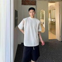 メンズ トップス ハイエンド ハイネック 半袖 Tシャツ シースルー メッシュ スプライシング 韓国 肩パッド付き ラウンドネック ゆったり