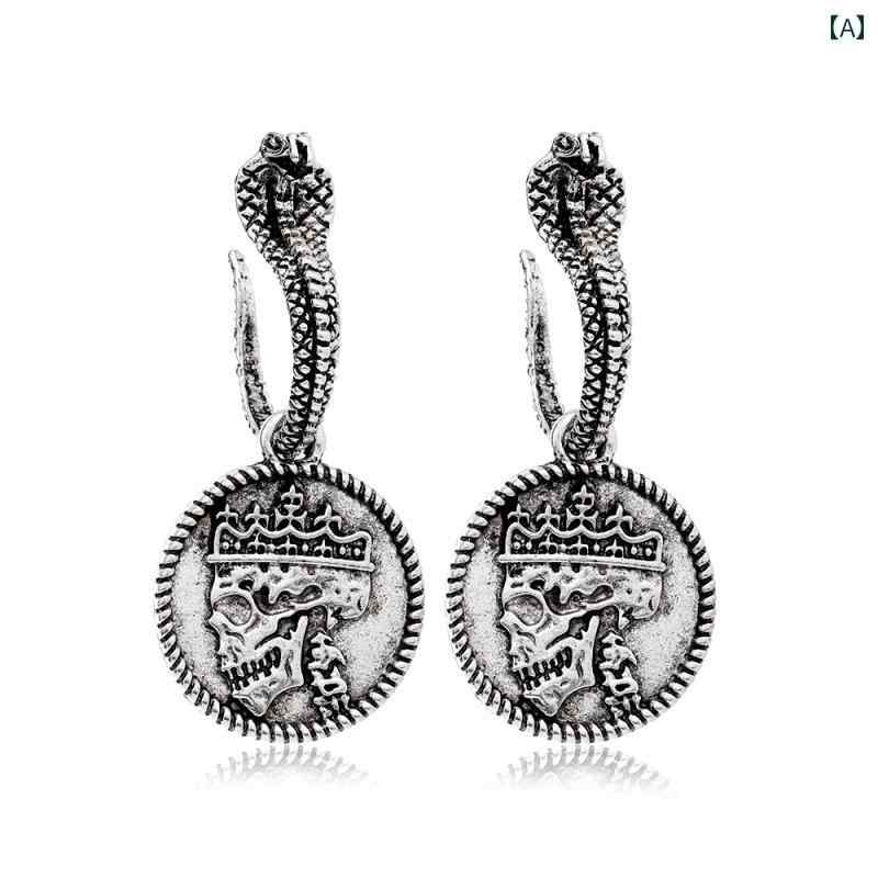 ピアス レディース おしゃれ エスニック アクセサリー 韓国 アメリカ 誇張 ゴールデン ヘッド ラウンド コイン ヒップ ホップ レトロ コールド 銀メッキ 金メッキ ボヘミアン ジュエリー シルバーオールド 合金