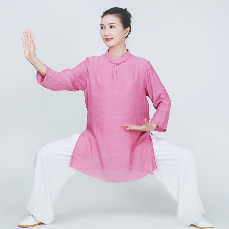 太極拳 服 レディース 夏 トップス 上下セット ミドル丈 練習 パフォーマンス カンフー 武術 通気性 涼しい 柔らかい 快適 薄手 ポケット付き リネン カ...