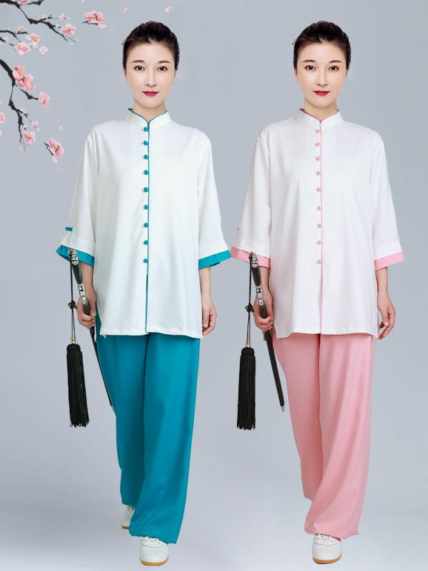 太極拳 服 レディース 夏 半袖 上下セット ミドル丈 練習 パフォーマンス カンフー 武術 通気性 柔らかい 快適 薄手 ポケット付 リネン カジュアル 大き...