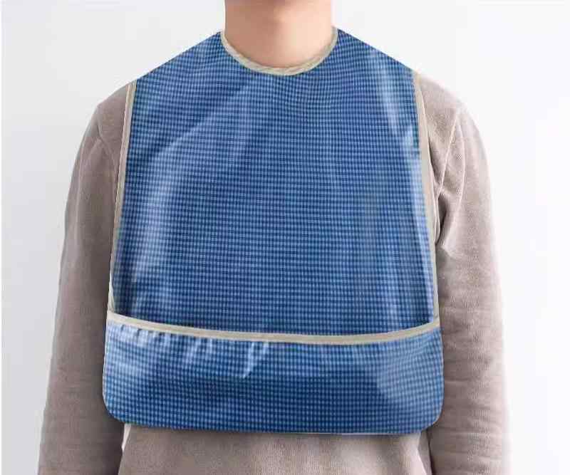 介護用エプロン 食事 大人 高齢者 シニア 男女兼用 防水 防油 施設 老人ホーム 入院 食べこぼし キャッチ お手入れ簡単 チェック 青 ピンク