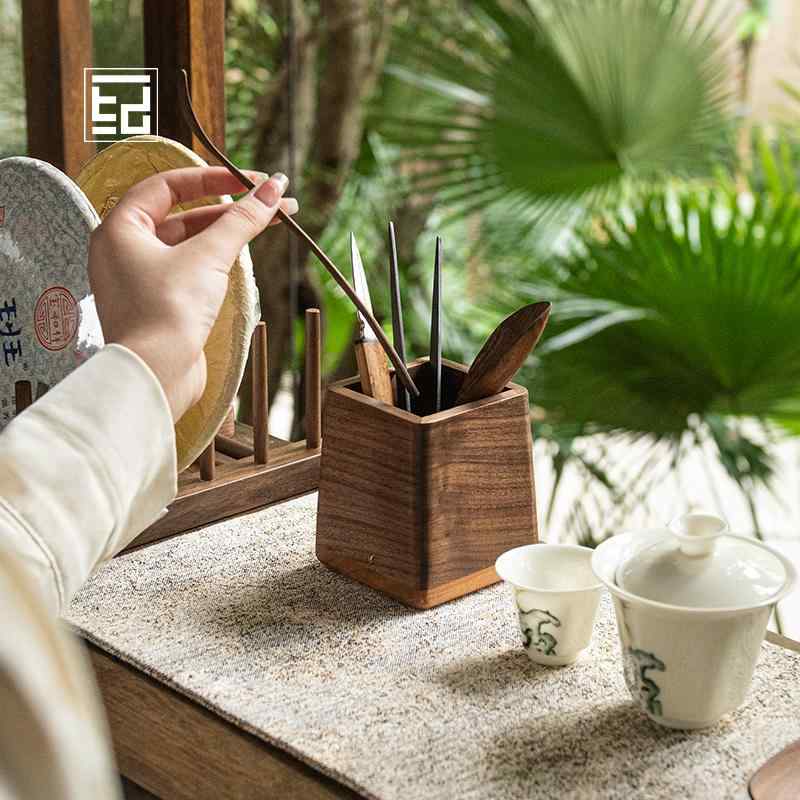 ペン立て おしゃれ 収納 木製 黒 ウォールナット 柚木 無垢材 バイカラー 茶道 アクセサリー 工具入れ レトロ チャイナ風 リビング シンプル