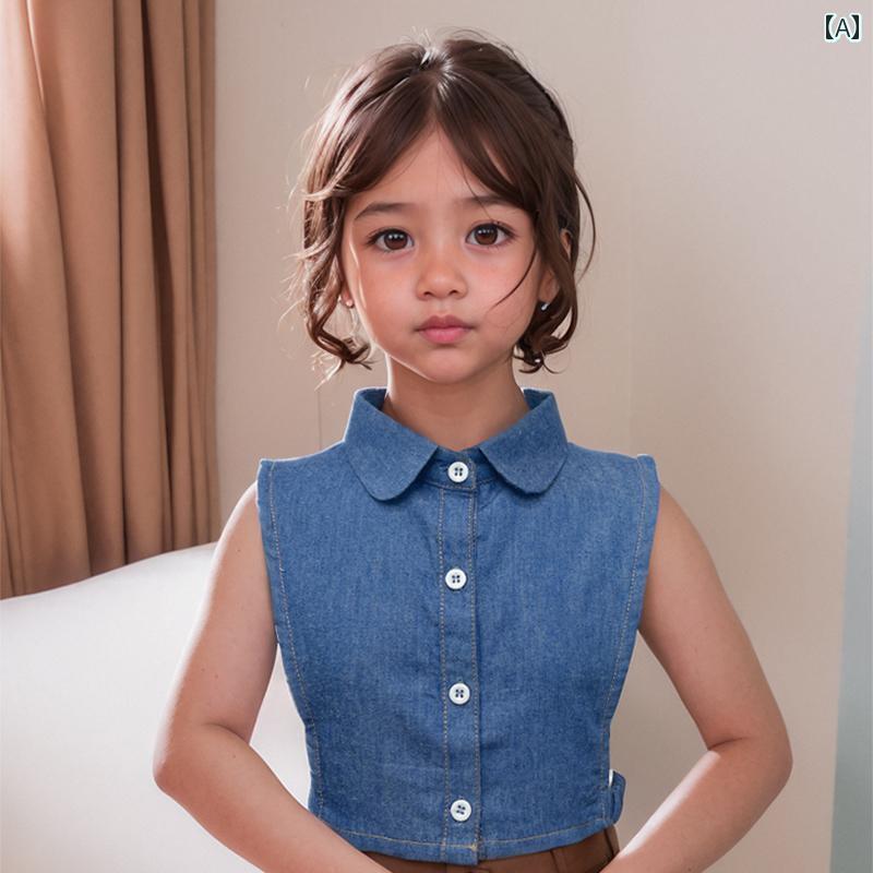 つけ襟 キッズ 子供 デニム 春秋 フェイクカラー 韓国 ラウンド ポインテッド 女の子 男の子 通気性 サイドストラップ シャツ レイヤード 青 普段使い