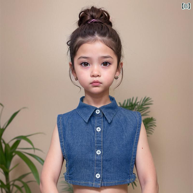 つけ襟 キッズ 子供 デニム 春秋 フェイクカラー 韓国 ラウンド ポインテッド 女の子 男の子 通気性 サイドストラップ シャツ レイヤード 青 普段使い