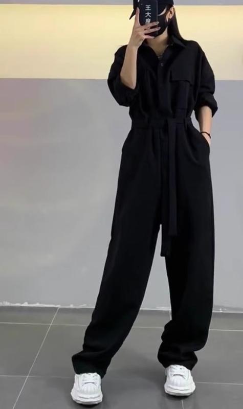 つなぎ おしゃれ レディース ワイドパンツ 春 韓国 レトロ シック 黒 ジャンプスーツ ハイウエスト ストレート ゆったり ロング ベルト シンプル カジュアル おでかけ 普段使い ポケット 長袖