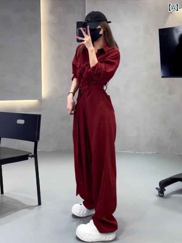 つなぎ おしゃれ レディース 春秋 作業服 ゆったり スリム ハイウエスト ワイドレッグ ジャンプスーツ 半袖 長袖 黒 ピンク 赤 シンプル 普段使い カジュアル ベルト