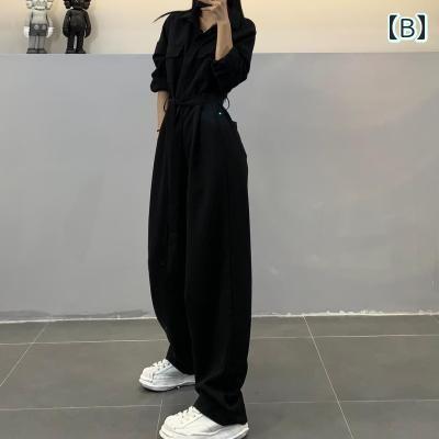 つなぎ おしゃれ レディース 春秋 作業服 ゆったり スリム ハイウエスト ワイドレッグ ジャンプスーツ 半袖 長袖 黒 ピンク 赤 シンプル 普段使い カジュアル ベルト