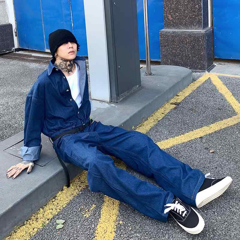 つなぎ デニム メンズ 作業服 ワイドフィット オールインワン ゆったり ストリート系 ジャンプスーツ 春秋 ストレート 長ズボン ポケット おしゃれ 青 黒