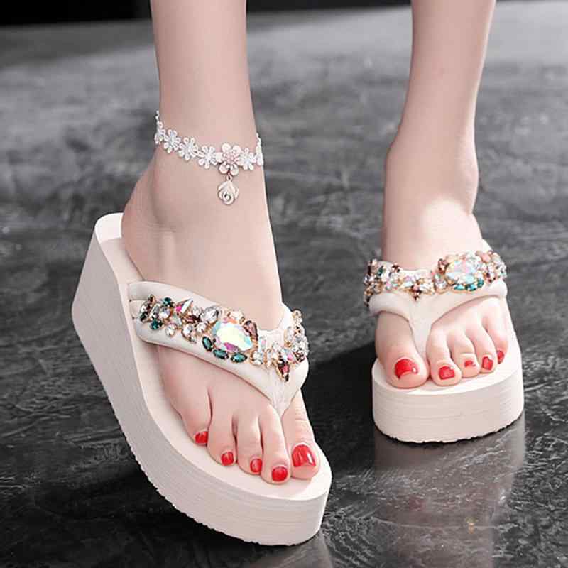 サンダル ラインストーン 厚底 ビーチ スリッパ レディース 夏 ソフトソール ハイヒール ビーチ ファッ..