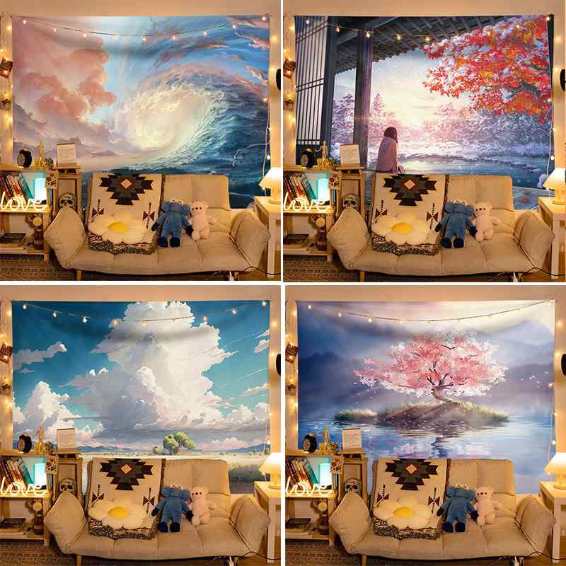 タペストリー 和 アニメ調 女性 風景 アート 洗える 寝室 玄関 リビング 背景 吊り下げ 簡単 壁かけ 装飾 海 雲 波 幻想的