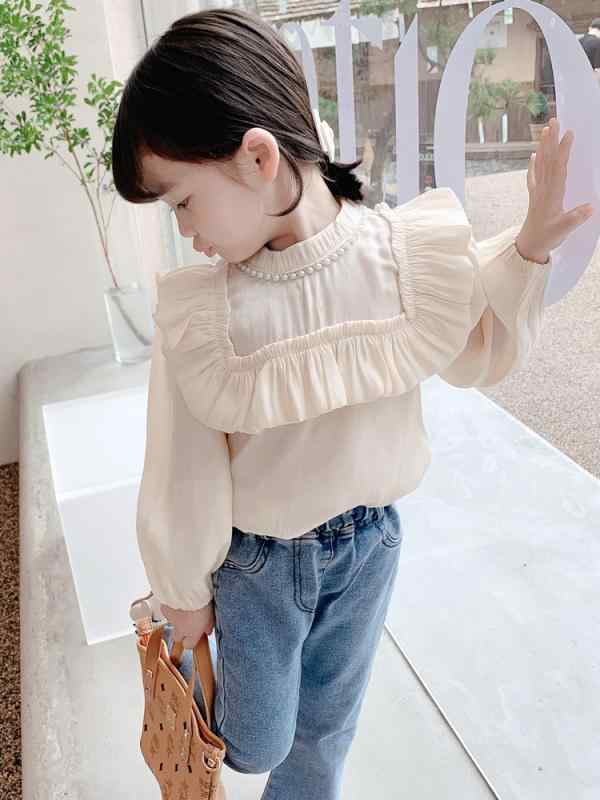 ブラウス 女の子 子供服 韓国 春秋 キッズ 長袖 スタンドカラー フリル トップス シャツ 綿 上品 エレガント パール シンプル かわいい お呼ばれ お出かけ ベージュ