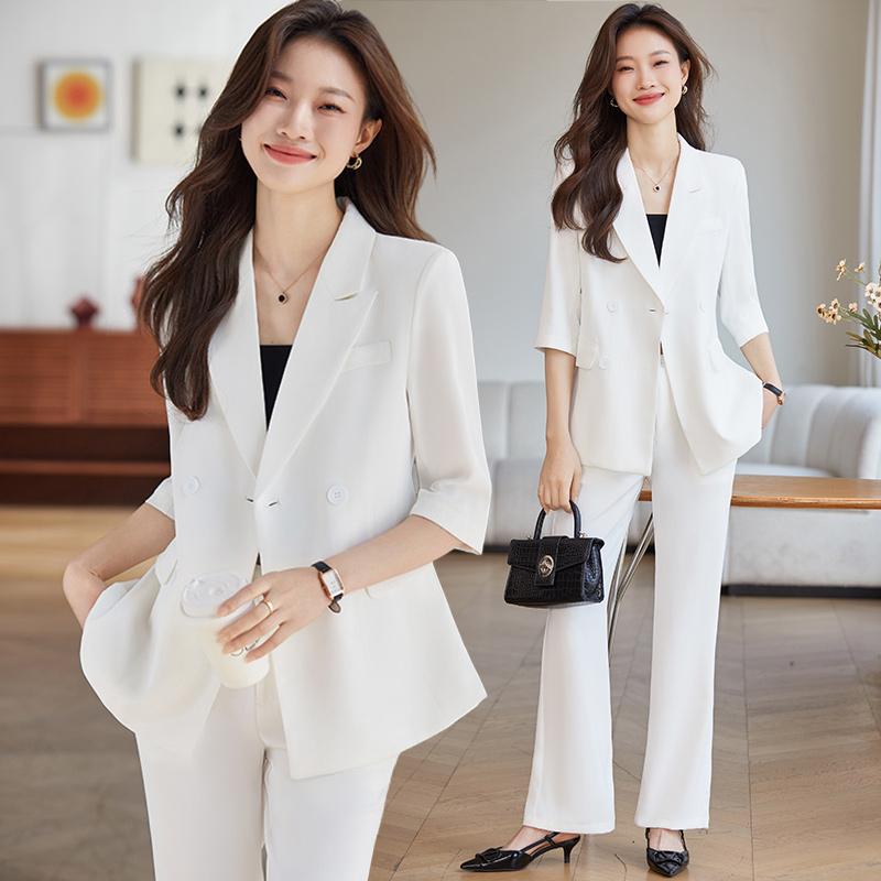 パンツスーツ レディース 春夏 七分袖 肌に優しい 柔らかい 快適 ダブルボタン カジュアル フォーマルウェア ビジネス 通勤 ジャケット おしゃれ 大きいサイズ 白 黒 紫