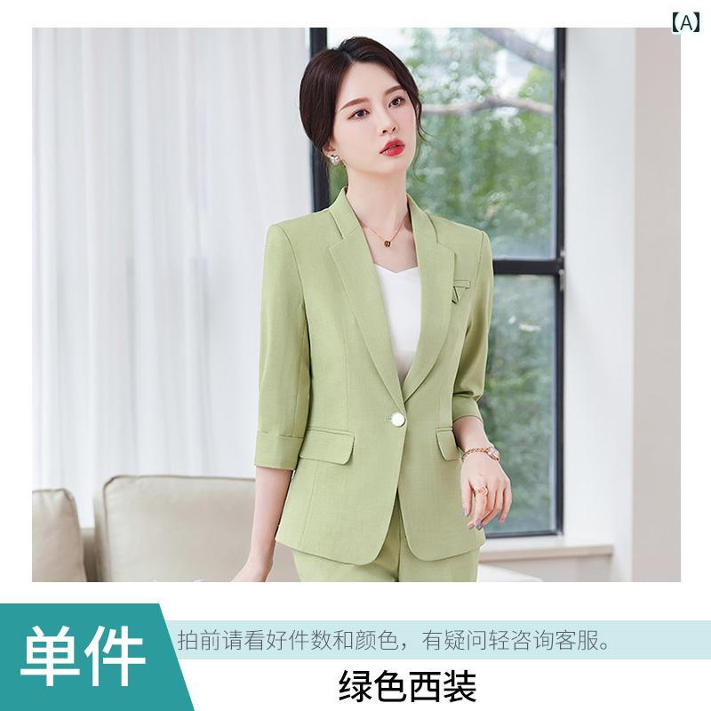 パンツスーツ レディース 春夏 柔らかい 通気性 快適 薄手 七分袖 シングルボタン カジュアル オフィス 通勤 フォーマルウェア おしゃれ 大きいサイズ 緑 白 ピンク