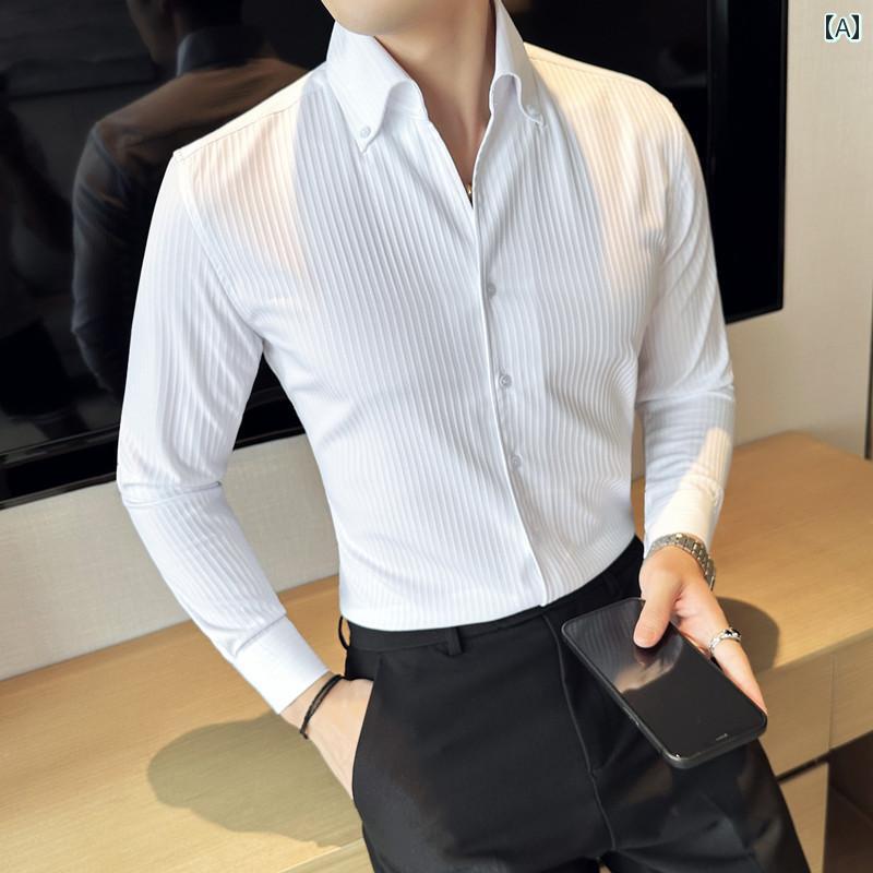 メンズ ストライプ 黒シャツ フォーマル 紳士服 スーツインナー カジュアル シャツ 長袖 ホワイト カラー ビジネス 高級感 英国製 防シワ スリム 秋冬 洗練
