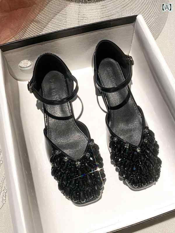 パンプス 夏 精巧 ラインストーン フェアリー 厚手 ヒール ミドルヒール サンダル セレブ風 女性 パーティー レトロ シューズ 大きいサイズ