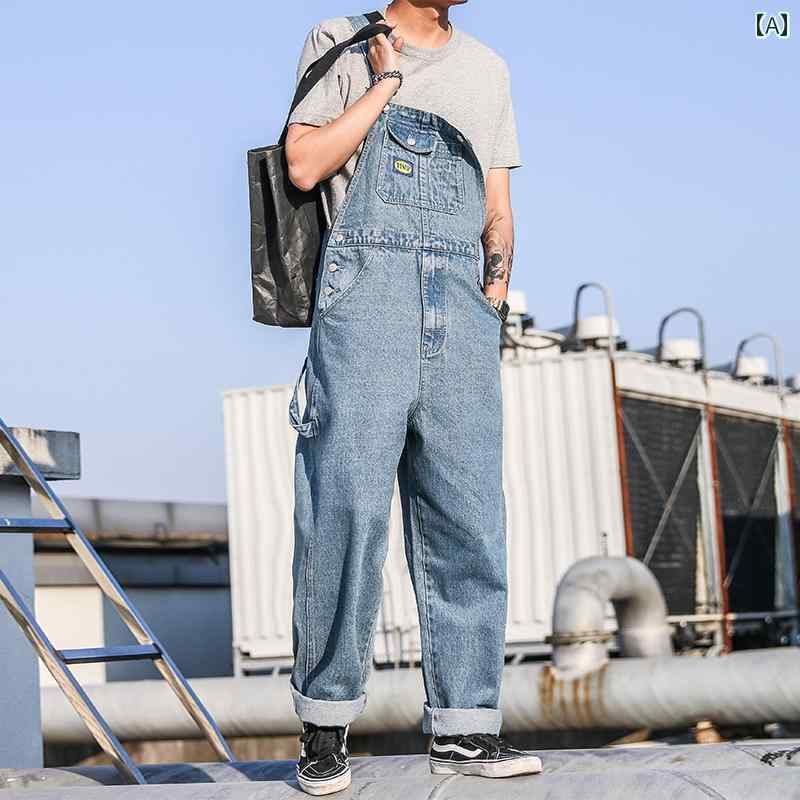 オーバーオール メンズ デニム 春 ルーズ ポケット ストレート ワイド サロペット ミッドハイウエスト ロング 大きいサイズ カジュアル 青 黒