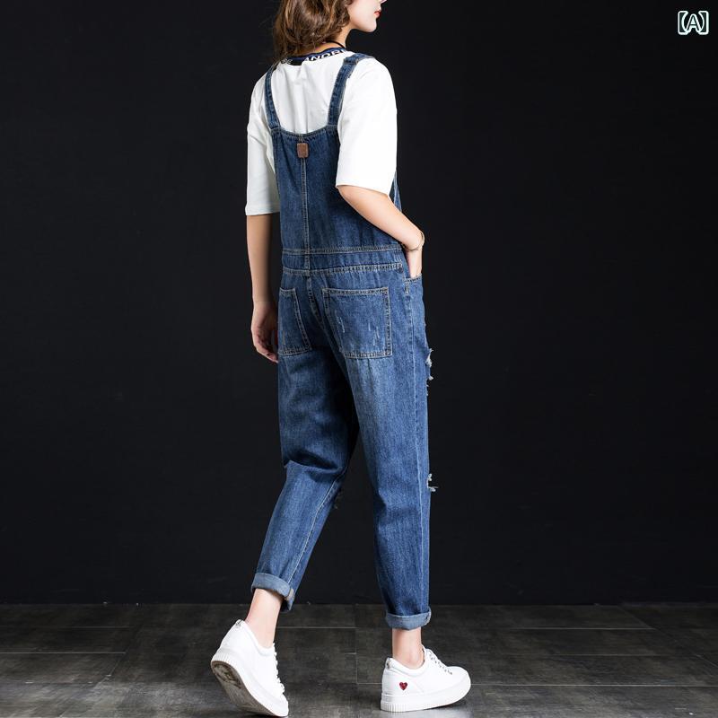 オーバーオール レディース デニム 韓国 春秋 綿 九分丈 ポケット ダメージ ウォッシュ加工 ストレート ゆったり ハイウエスト ストレッチ 通気 カジュアル 青 大きいサイズ
