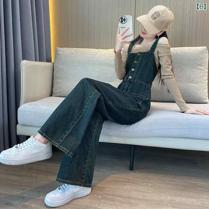 サロペット パンツデニム レディース ヴィンテージ風 オーバーオール 春秋 ハイウエスト スリム ストレートレッグ ゆったり ボタン ワイド ロング 紺