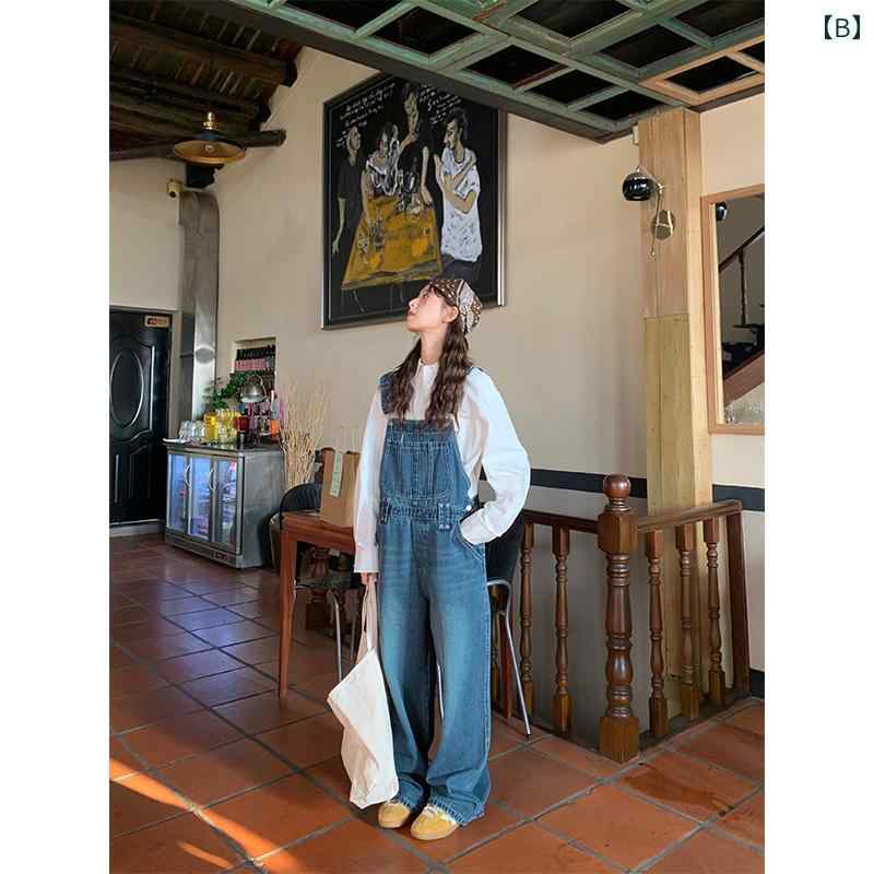 サロペット パンツデニム 春 レディース ヴィンテージ風 無地 ハイウエスト オーバーオール ゆったり ストレート ワイドレッグ 細見え 体型カバー ロング 白 青