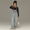 子供 サロペット オーバーオール 春秋 女の子 キッズ デニム 長ズボン ストレート ワイド パンツ ゆったり バイカラー シンプル カジュアル 無地 青