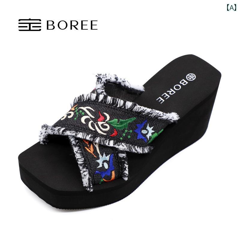 サンダル 女性 屋外 履き 夏 ファッション ビーチ シューズ ハイヒール 厚底 スリッパ 編み デザイン カジュアル 通気性 花 植物