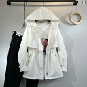 ウインドブレーカー レディース 春 ウエスト絞り フード 秋 韓国 ゆったり スタイルアップ ジップアップ ポケット 無地 白 カーキ