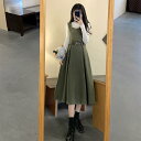 オーバーオール スカート レディース ウエストベルト スタイルアップ ミモレ丈 春秋 2点セット 大きいサイズ 森ガール 白 アプリコット ハイネック ニット ...