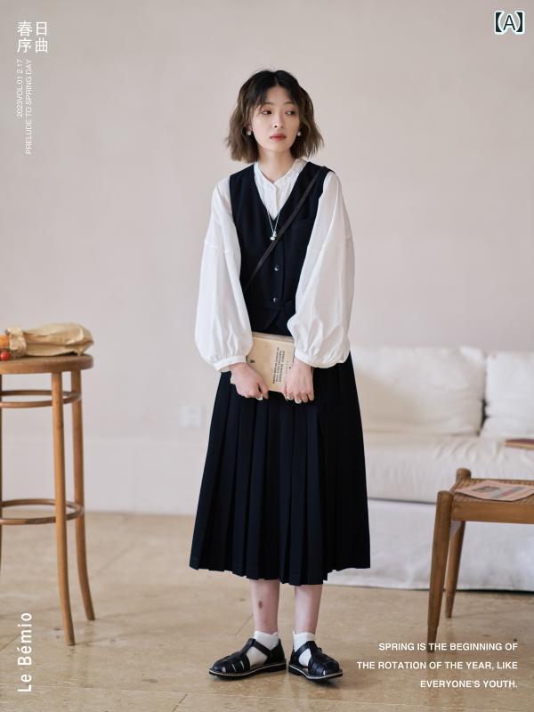 オーバーオール スカート レディース 春 Vネック 重ね着 隠しボタン 着脱可能 ツーピース ベスト Aライン ロング 柔らかい 耐久性 プリーツ 黒