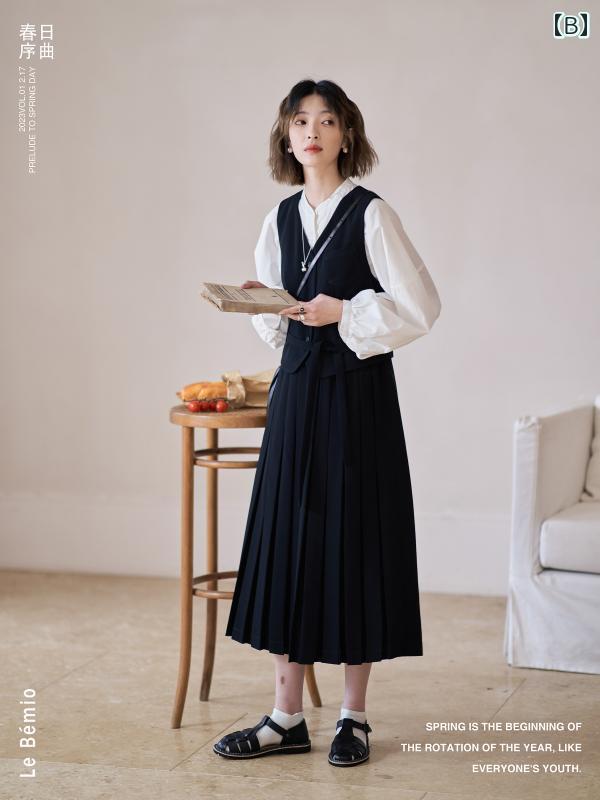 オーバーオール スカート レディース 春 Vネック 重ね着 隠しボタン 着脱可能 ツーピース ベスト Aライン ロング 柔らかい 耐久性 プリーツ 黒