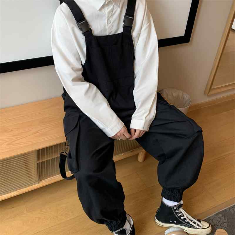 オーバーオール メンズ おしゃれ カジュアル 春秋 ヴィンテージ風 サスペンダー ロング ゆったり トランペット ポケット 大きいサイズ シャツ セット 黒 白...