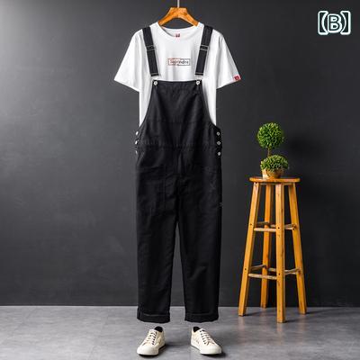 オーバーオール メンズ おしゃれ カジュアル 春秋 ヴィンテージ風 ゆったり ロング ストラップ ストレート 伸縮性 大きいサイズ 黒 カーキ 緑