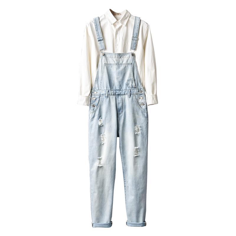 オーバーオール メンズ ストレート デニム レトロ サロペット パンツ 春夏 秋冬 ポケット ダメージ加工 大きいサイズ ロング ストラップ 青