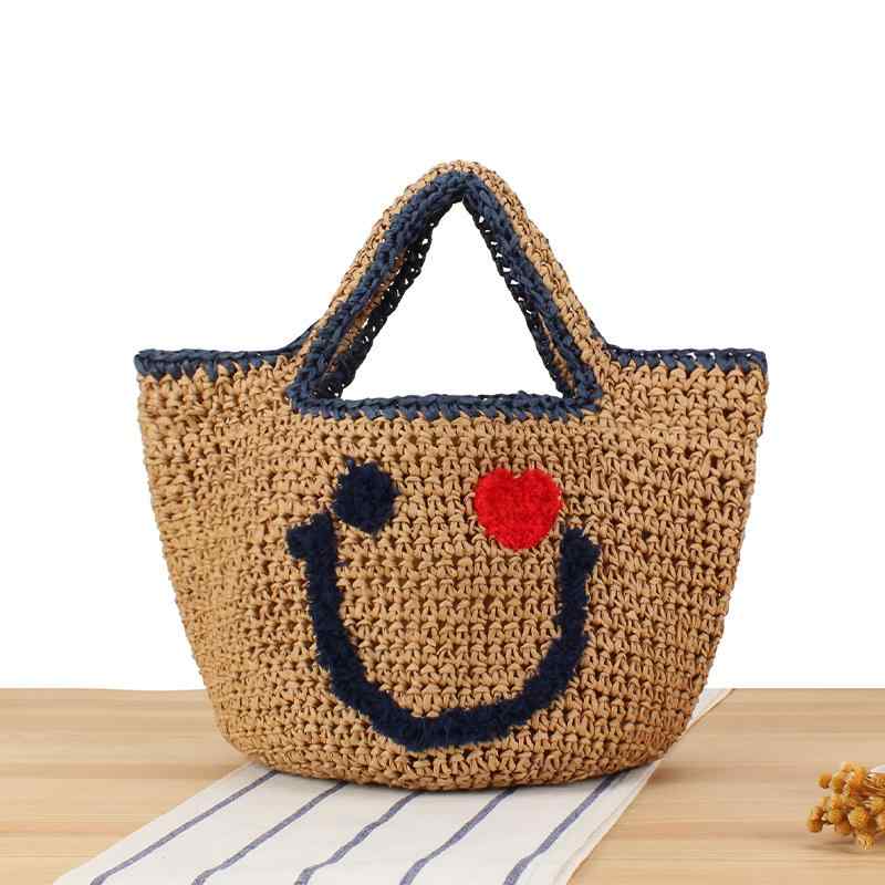 バッグ 女性向け 手編み 軽量 夏バッグ ダブルルート ハンドバッグ トートバッグ スマイリーフェイス エコバッグ ショッピング おしゃれ かわいい